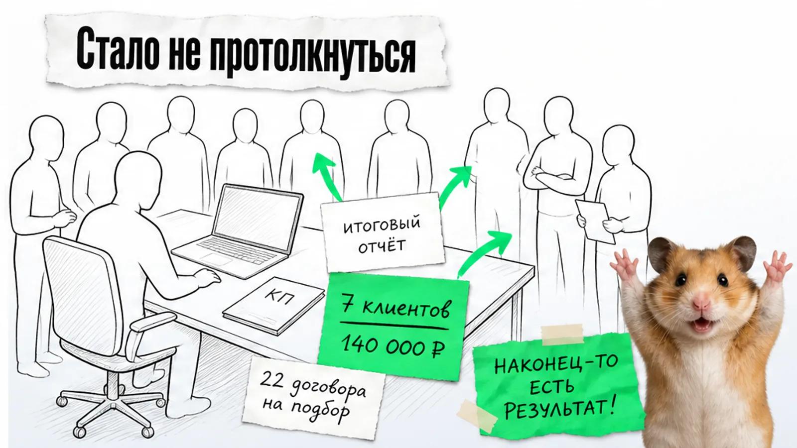 То же рабочее место теперь заполнено людьми и карточками результата, рядом торжествующий хомяк.
