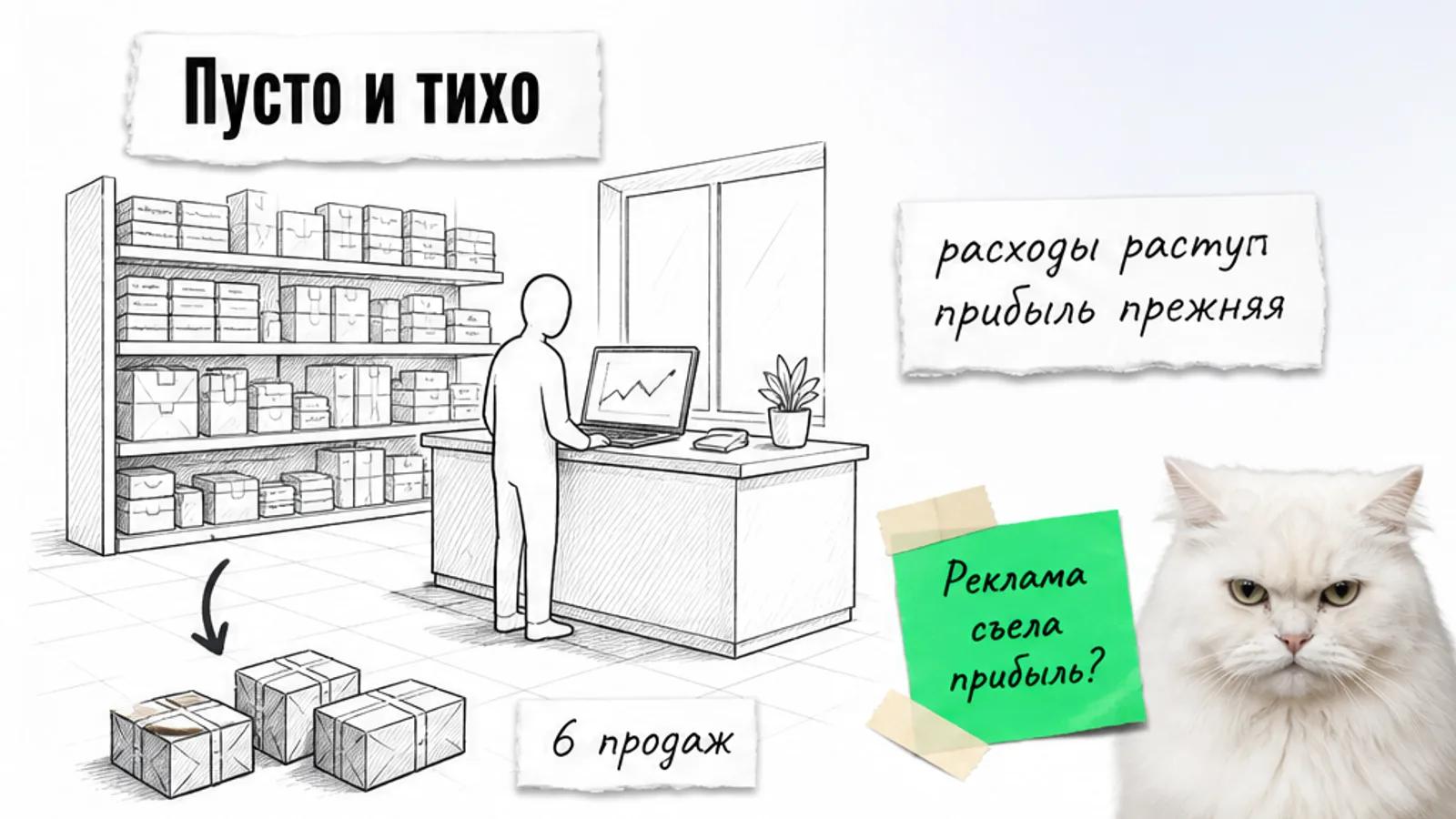 Пустой магазин товаров для дома с отчётом о рекламе и одним силуэтом владельца, рядом скептичный кот