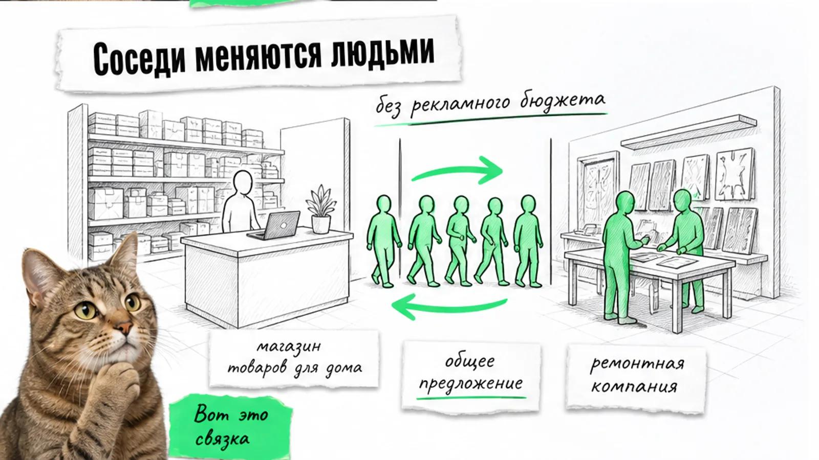 Магазин и ремонтная компания обмениваются покупателями по зелёной стрелке, рядом задумчивый кот