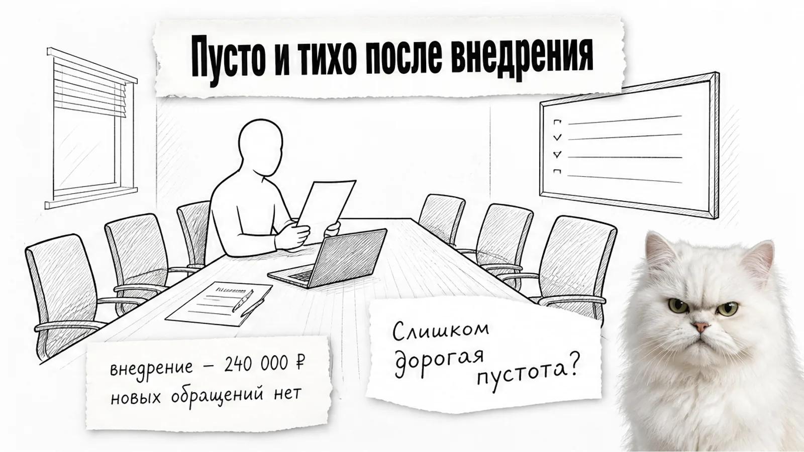 Переговорная со сметой на столе, один силуэт менеджера и пустые кресла, рядом скептичный кот.