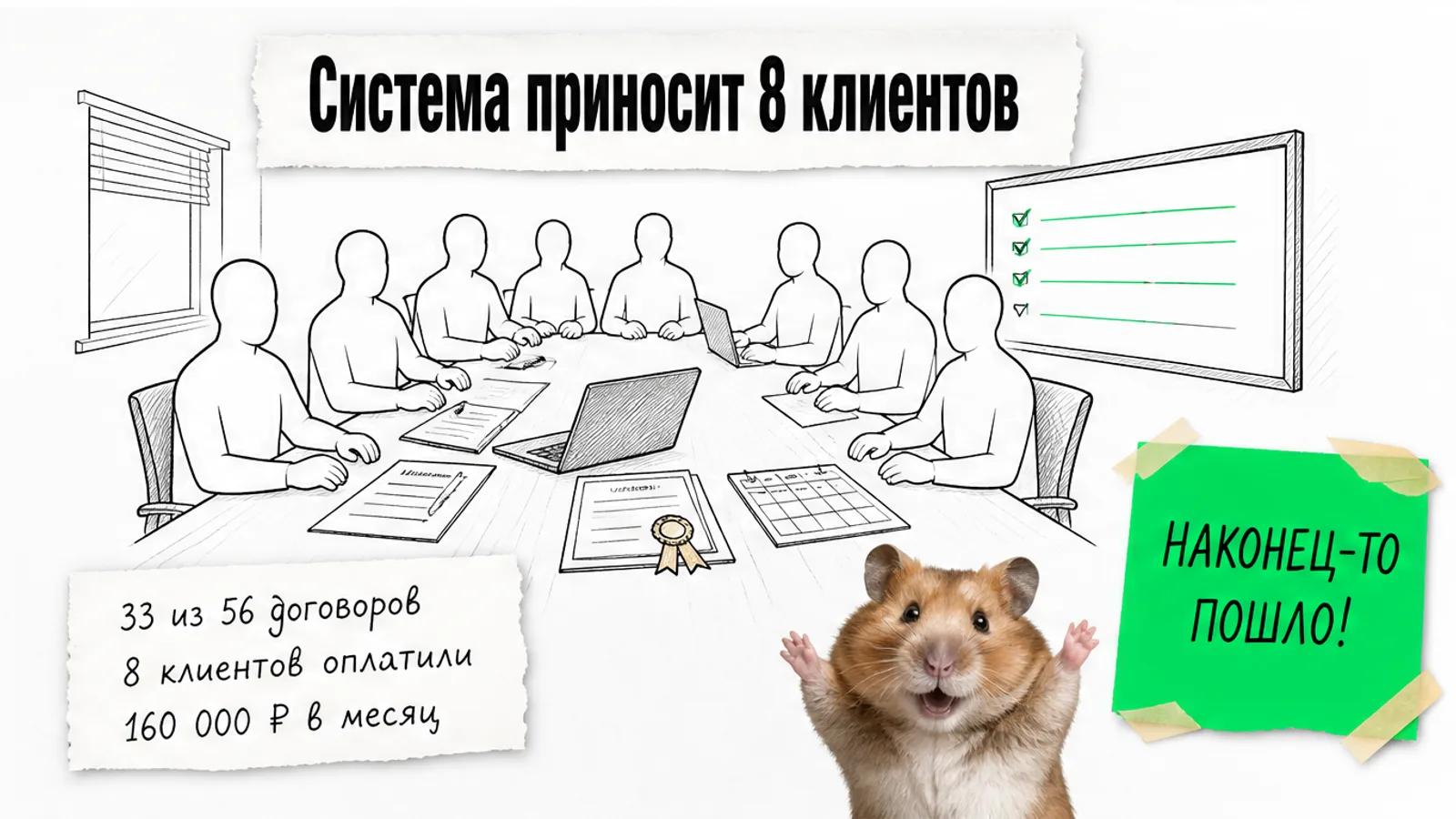 Та же переговорная теперь заполнена людьми, рядом карточка с результатами 33 из 56 и 8 клиентов.