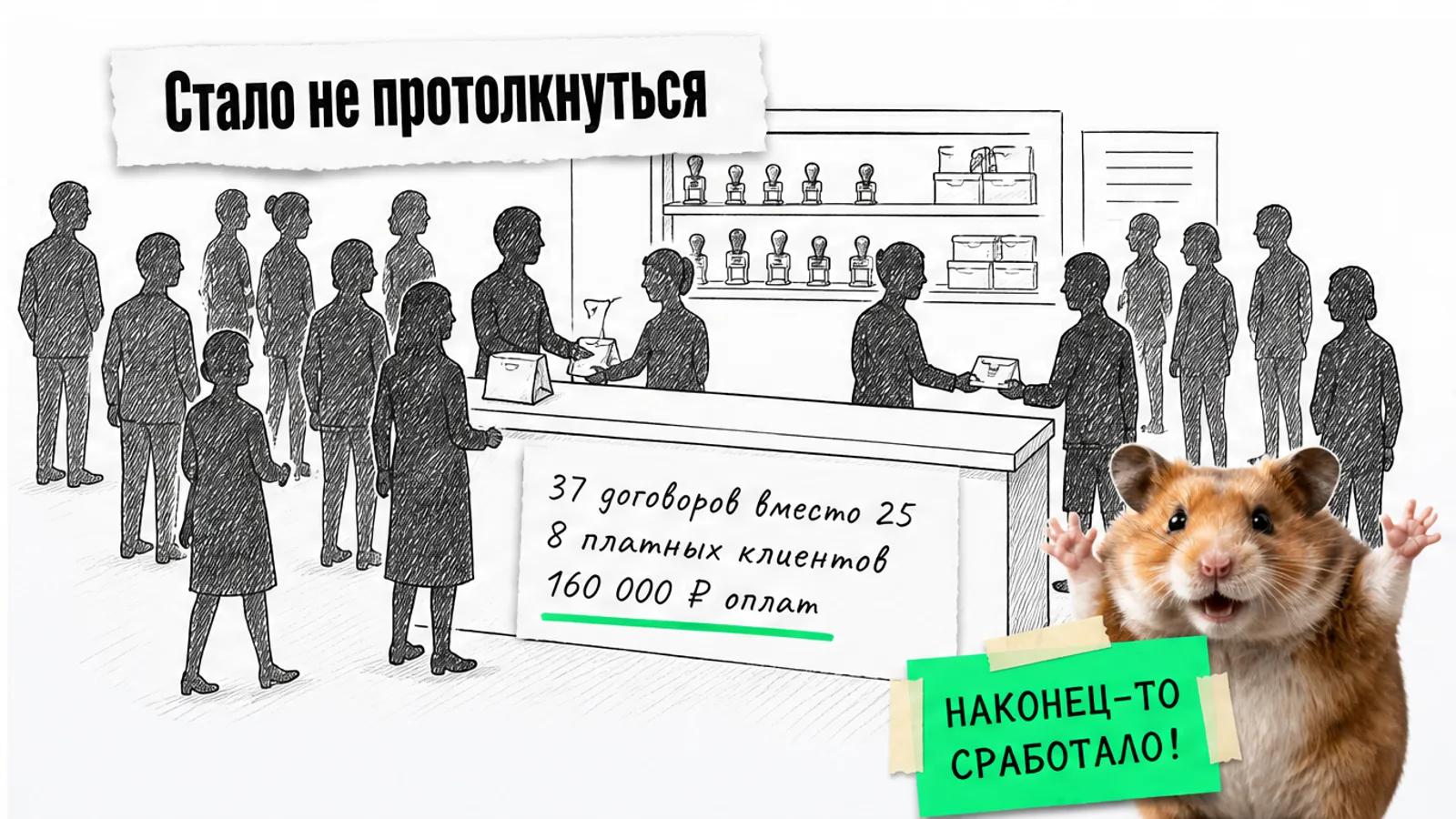 Та же мастерская заполнена людьми, рядом хомяк празднует результат и видны числа 37 и 8.