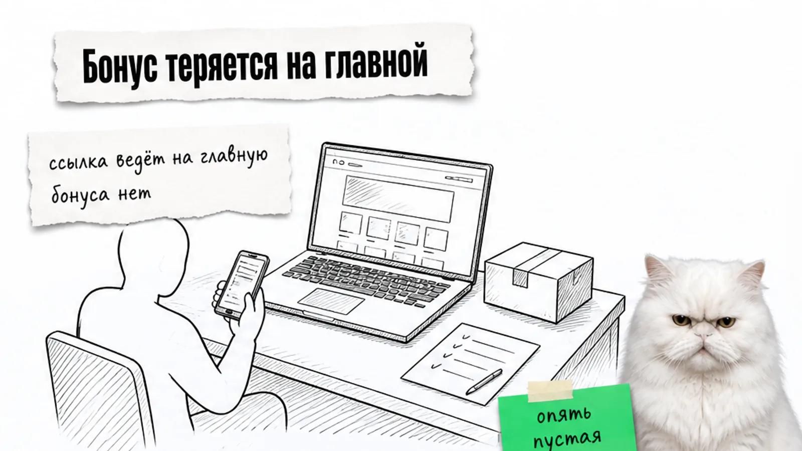 В пустом рабочем месте владелец магазина смотрит на ссылку без бонуса, рядом скептически настроенный кот.