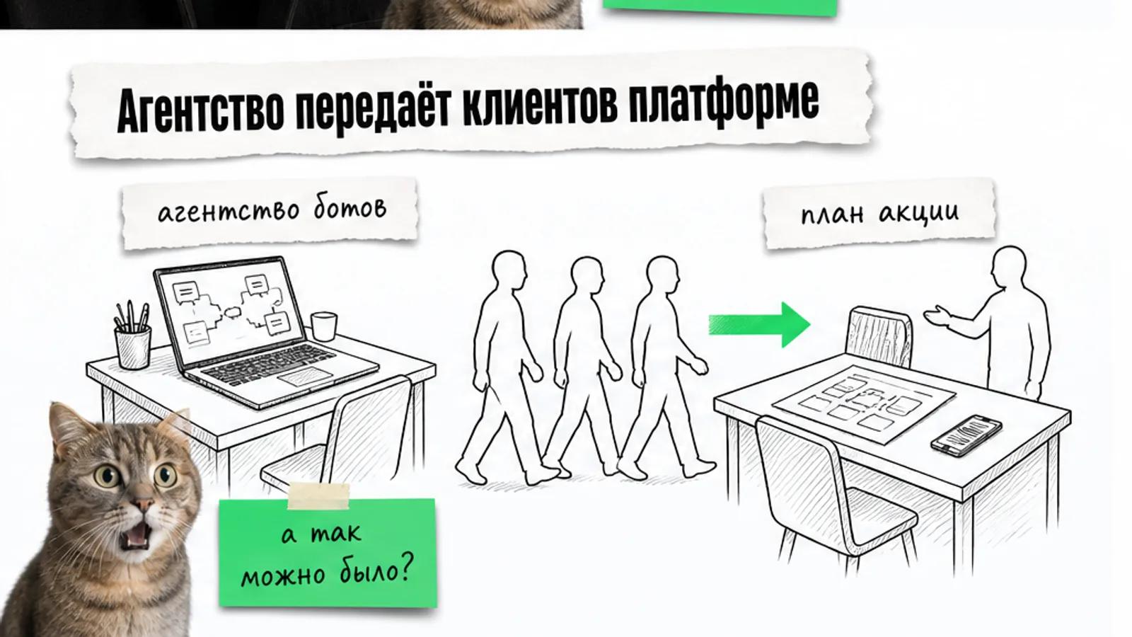 У соседних рабочих столов агентство передаёт клиентов платформе по зелёной стрелке, рядом удивлённый кот.