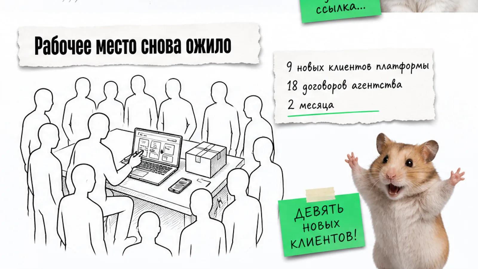 В том же рабочем месте собрались клиенты, а карточка показывает девять новых клиентов и восемнадцать договоров.
