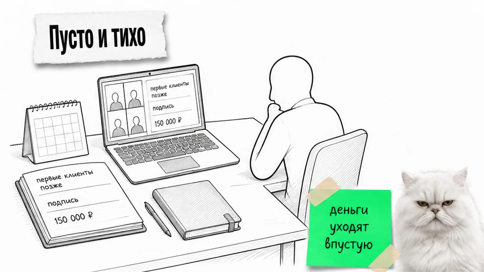 Пустой стол интегратора со сметой и календарём, один силуэт и скептичный кот.