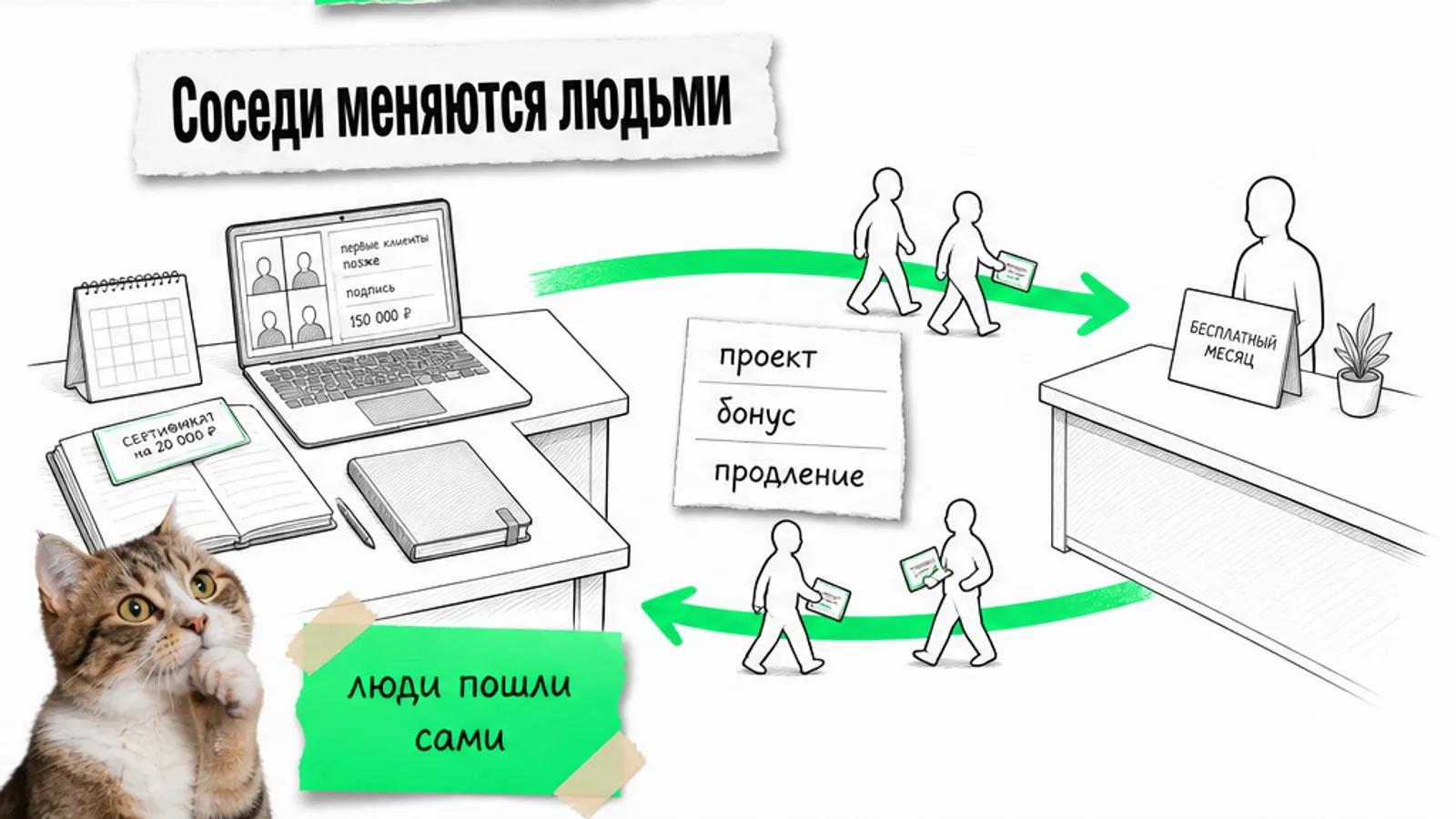Два соседних офиса обмениваются людьми по ярко-зелёной стрелке, рядом задумчивый кот.