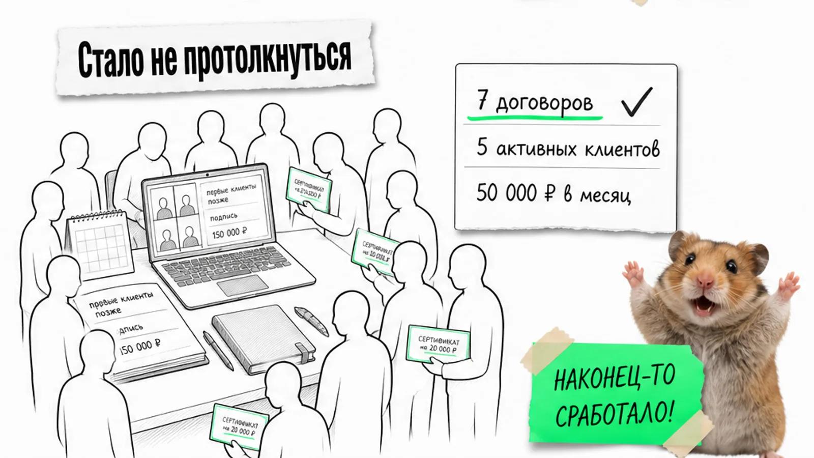 То же рабочее место заполнено людьми, рядом карточка с семью договорами и торжествующий хомяк.