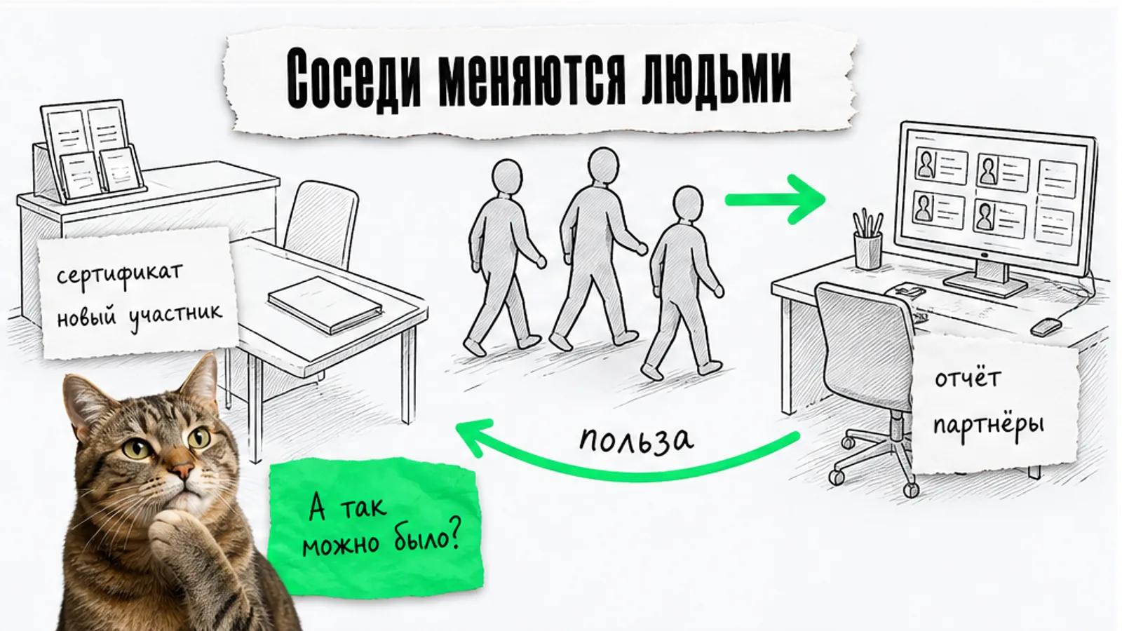 Бизнес-клуб и онлайн-сервис соединены стрелкой, между ними движутся силуэты людей, рядом задумчивый кот.
