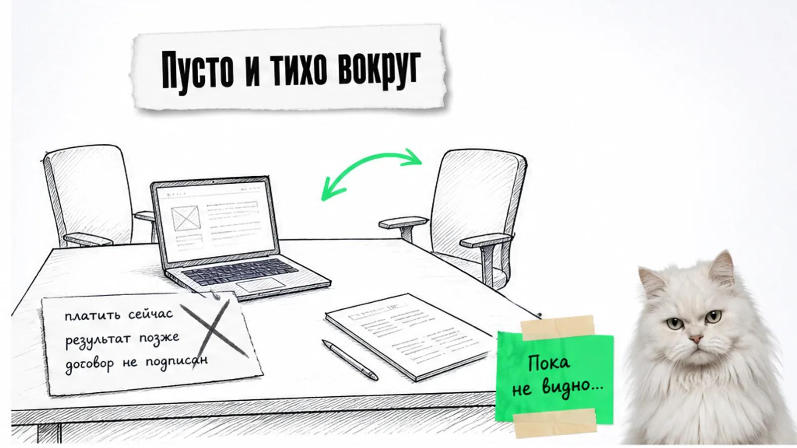 Пустое рабочее место с ноутбуком и планом продвижения, рядом скептичный белый кот.