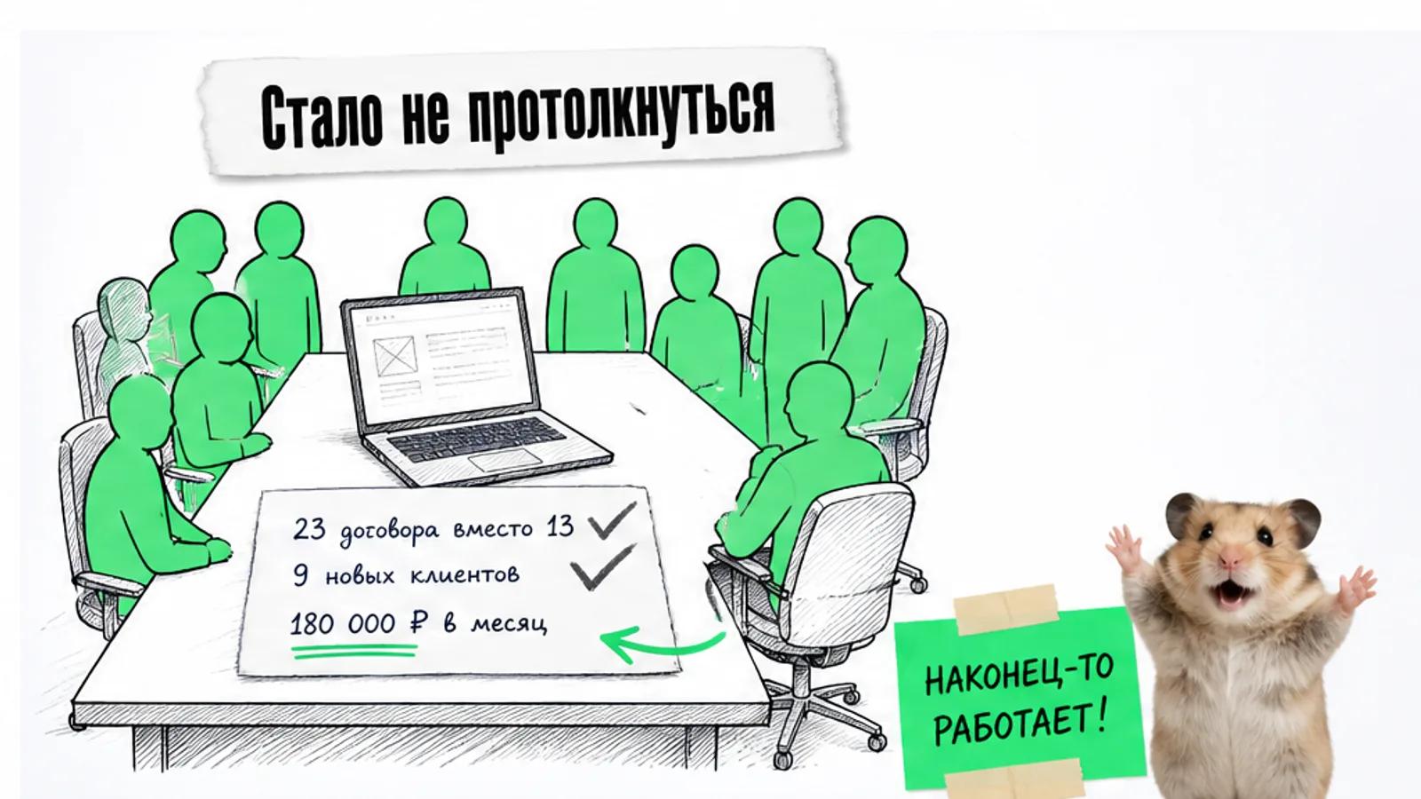 То же рабочее место с той же точки заполнено людьми, рядом торжествующий хомяк и итоговые числа.