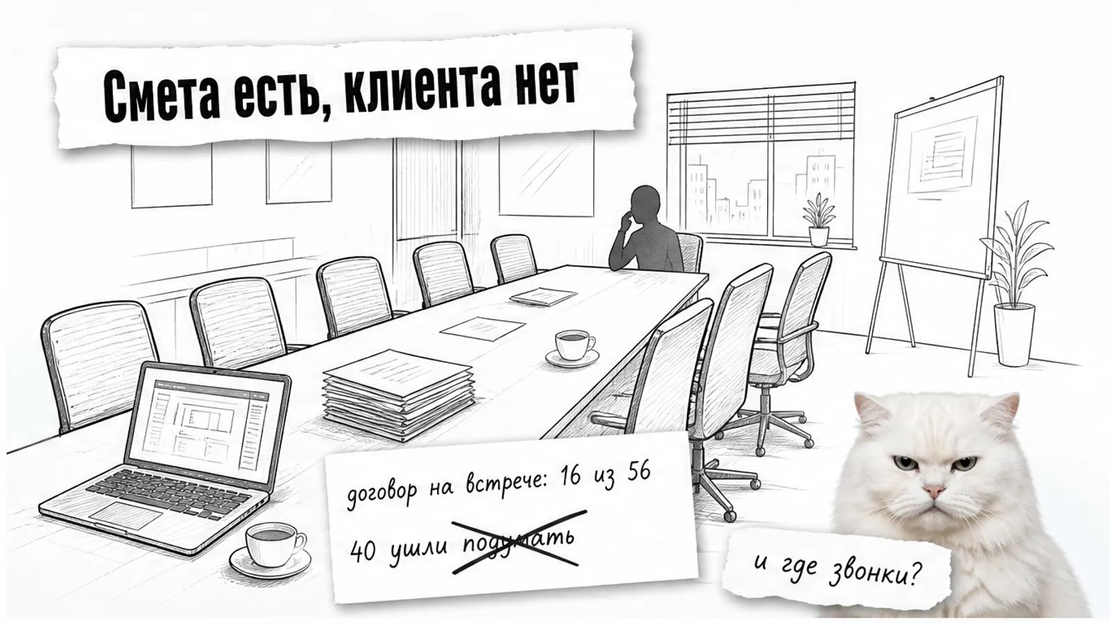 Пустая переговорная веб-студии, смета на столе и пустые стулья, рядом белый пушистый кот с насупленными бровями