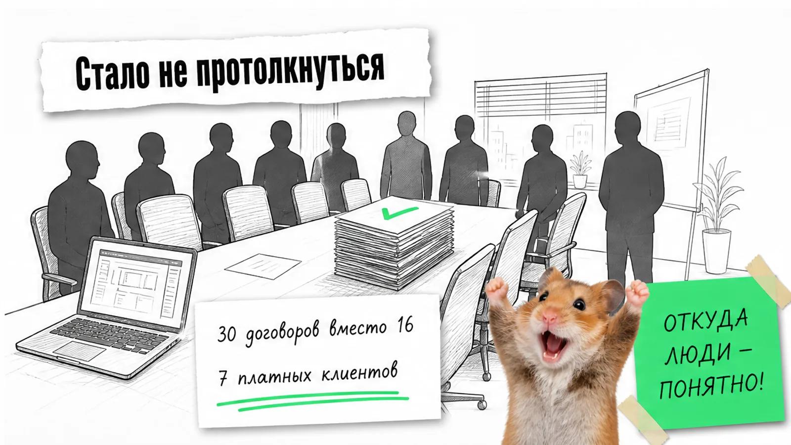 Та же переговорная полна людей, стопка договоров и число 30 вместо 16, рядом хомяк с поднятыми лапами