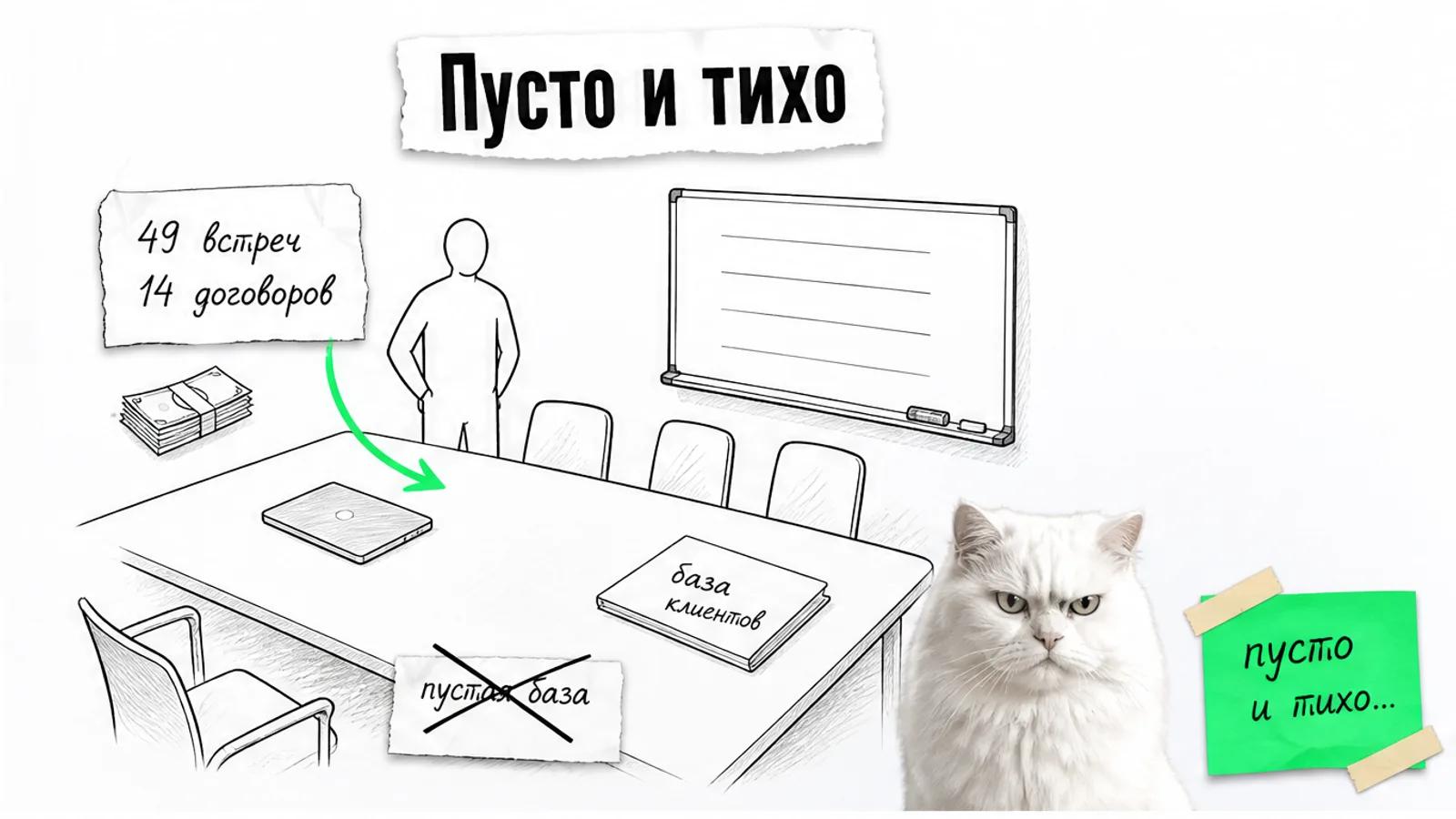 Пустая переговорная с одним силуэтом владельца, пустой базой и котом со скептическим взглядом.