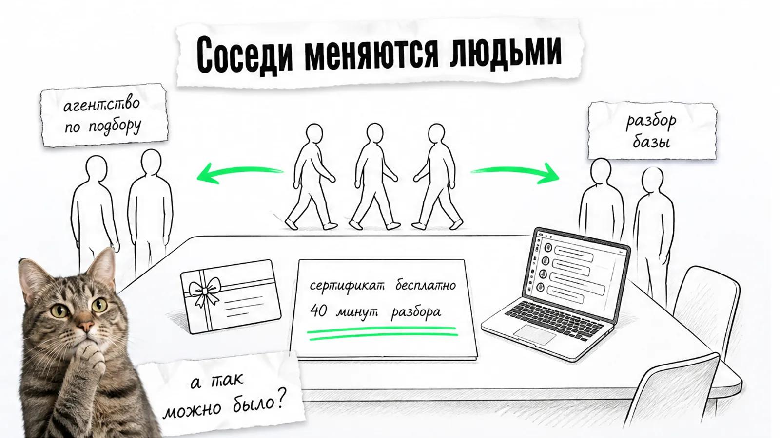 Агентство и компания обмениваются владельцами через зелёную стрелку, рядом задумчивый кот.