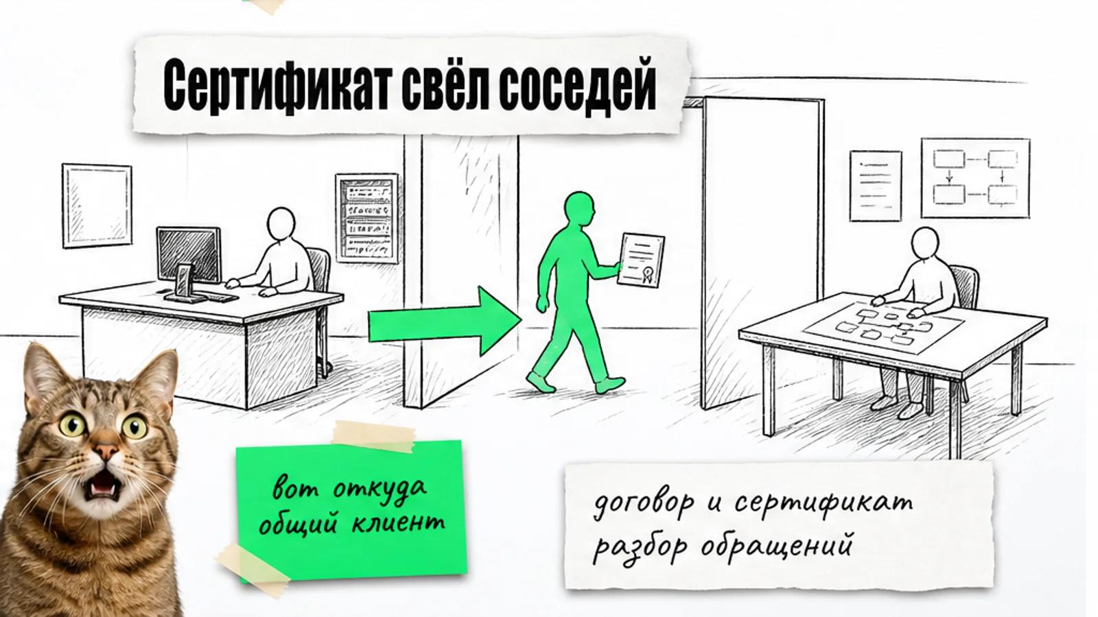 Два соседних офиса соединены стрелкой: владелец получает сертификат и идёт на разбор обращений.