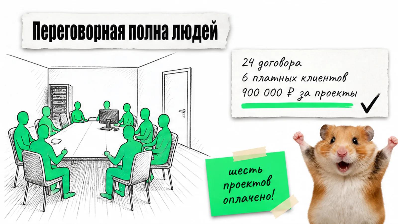 Та же переговорная заполнена людьми, на карточке указаны 24 договора, 6 клиентов и 900 000 рублей.