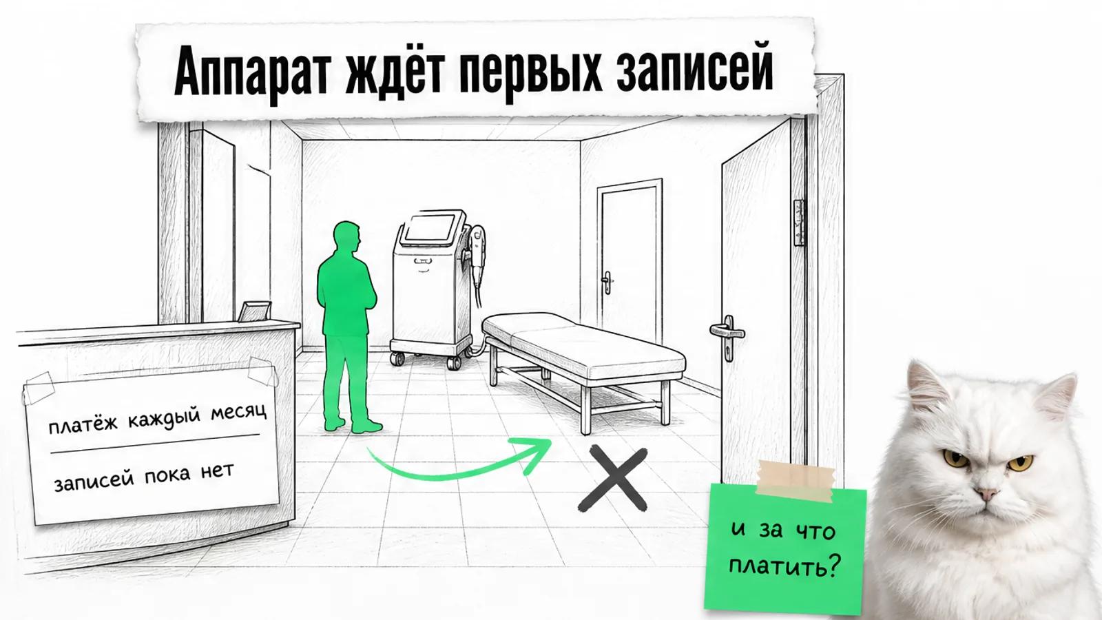 В пустой процедурной клиники владелец стоит у неиспользуемого аппарата.