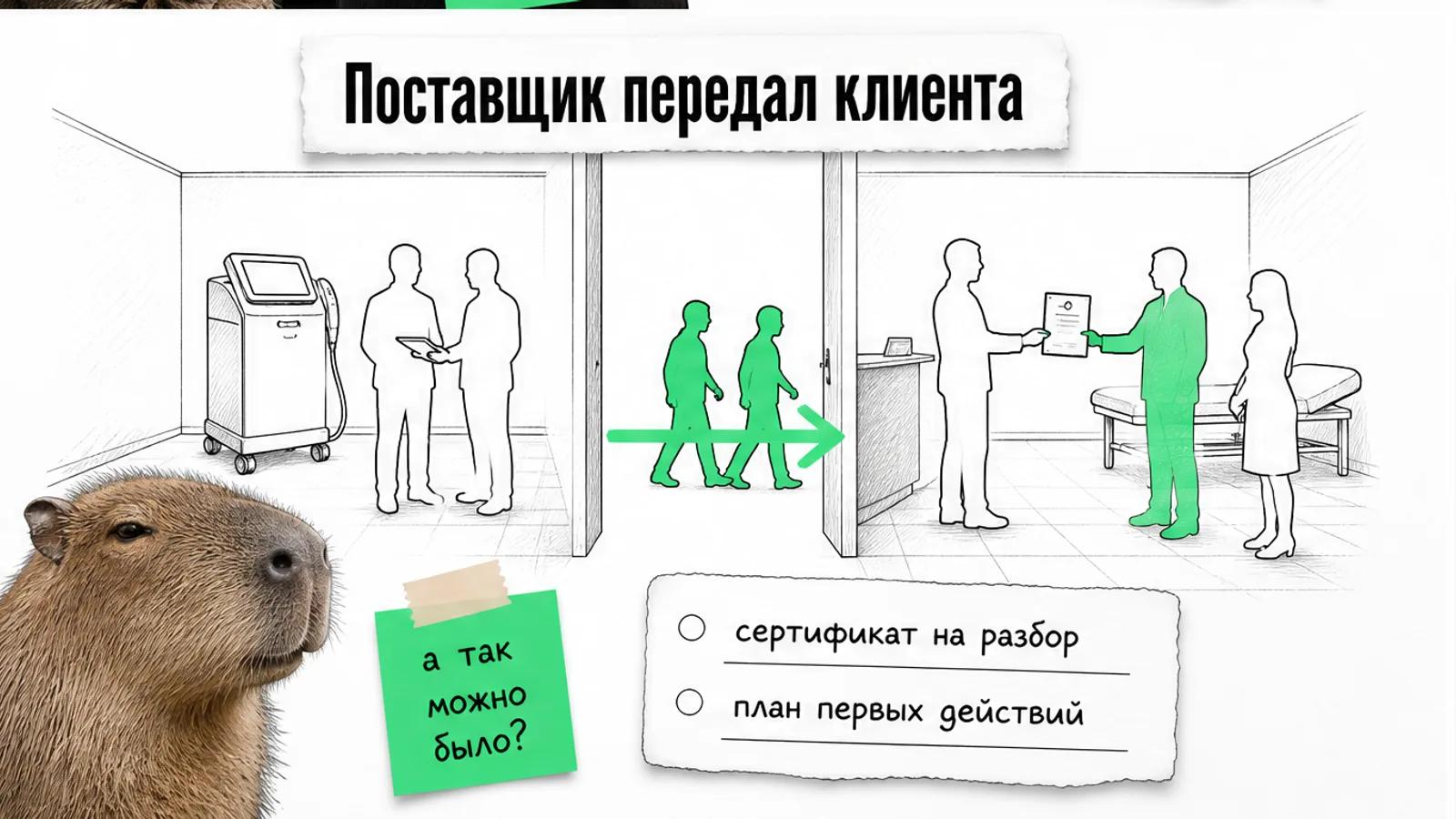 Поставщик передаёт клинике сертификат на разбор, между ними движутся люди.