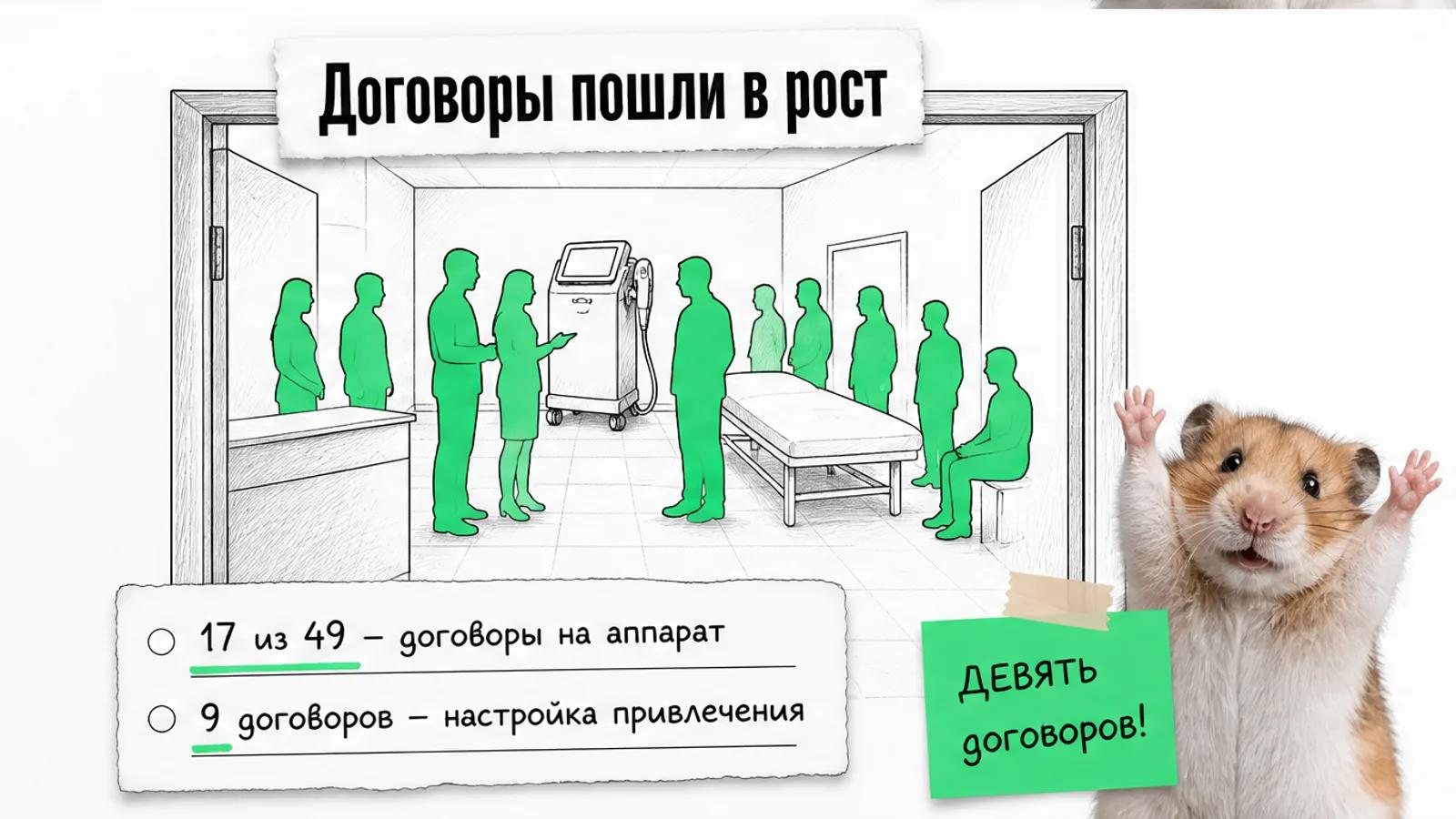 Та же процедурная заполнена людьми, рядом показаны результаты совместной работы.