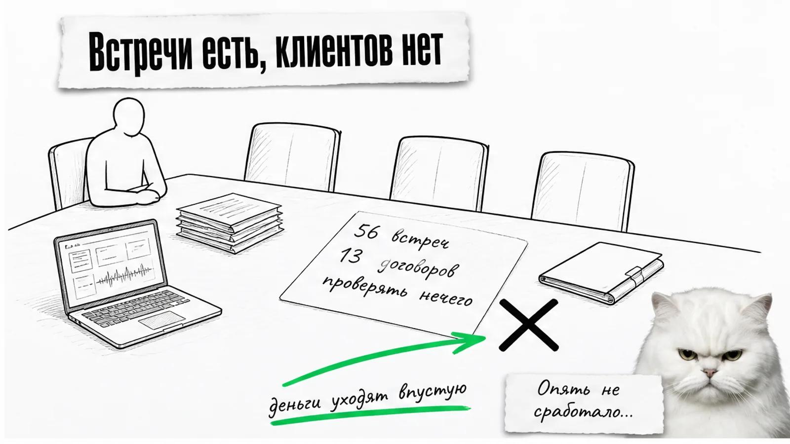 Пустая переговорная с ноутбуком, одним силуэтом владельца и скептичным котом у карточки с неудачными цифрами.