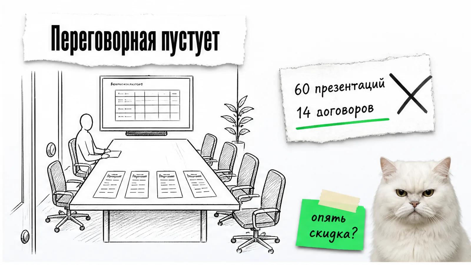 В пустой переговорной брокера менеджер сидит у расчёта ДМС, вокруг свободные стулья и пять предложений.