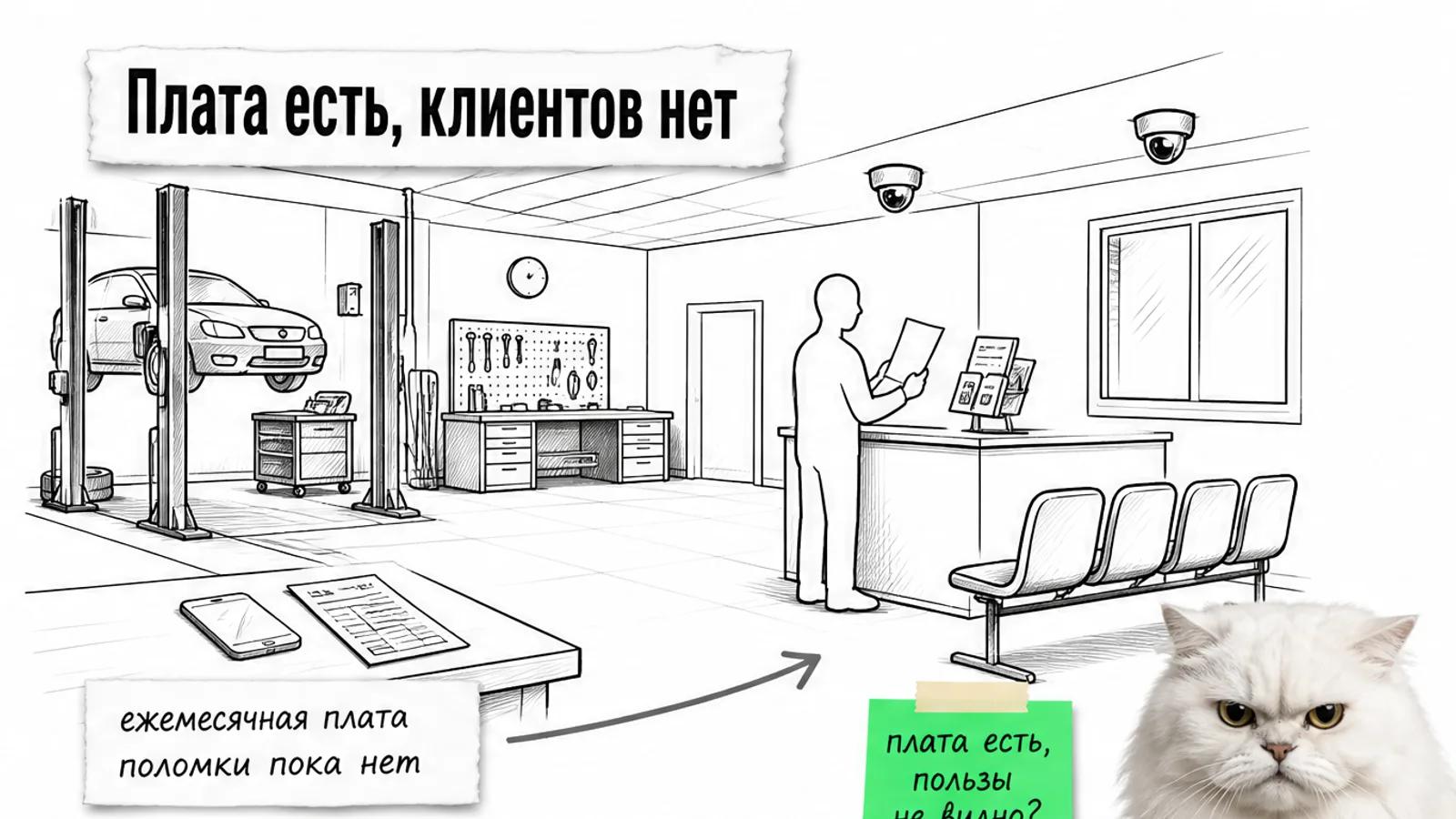 В пустой автомастерской владелец смотрит на счёт за обслуживание, а белый пушистый кот скептически щурится.