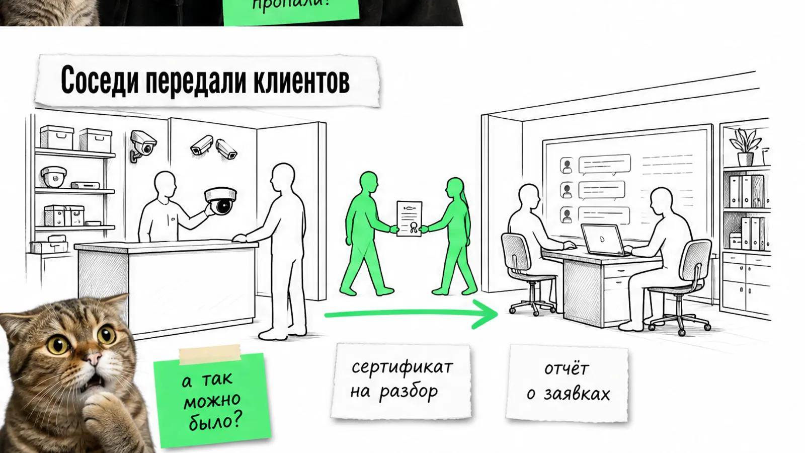 Интегратор передаёт владельцам сертификат, а ярко-зелёная стрелка ведёт их к разбору переписок; кот удивлён.