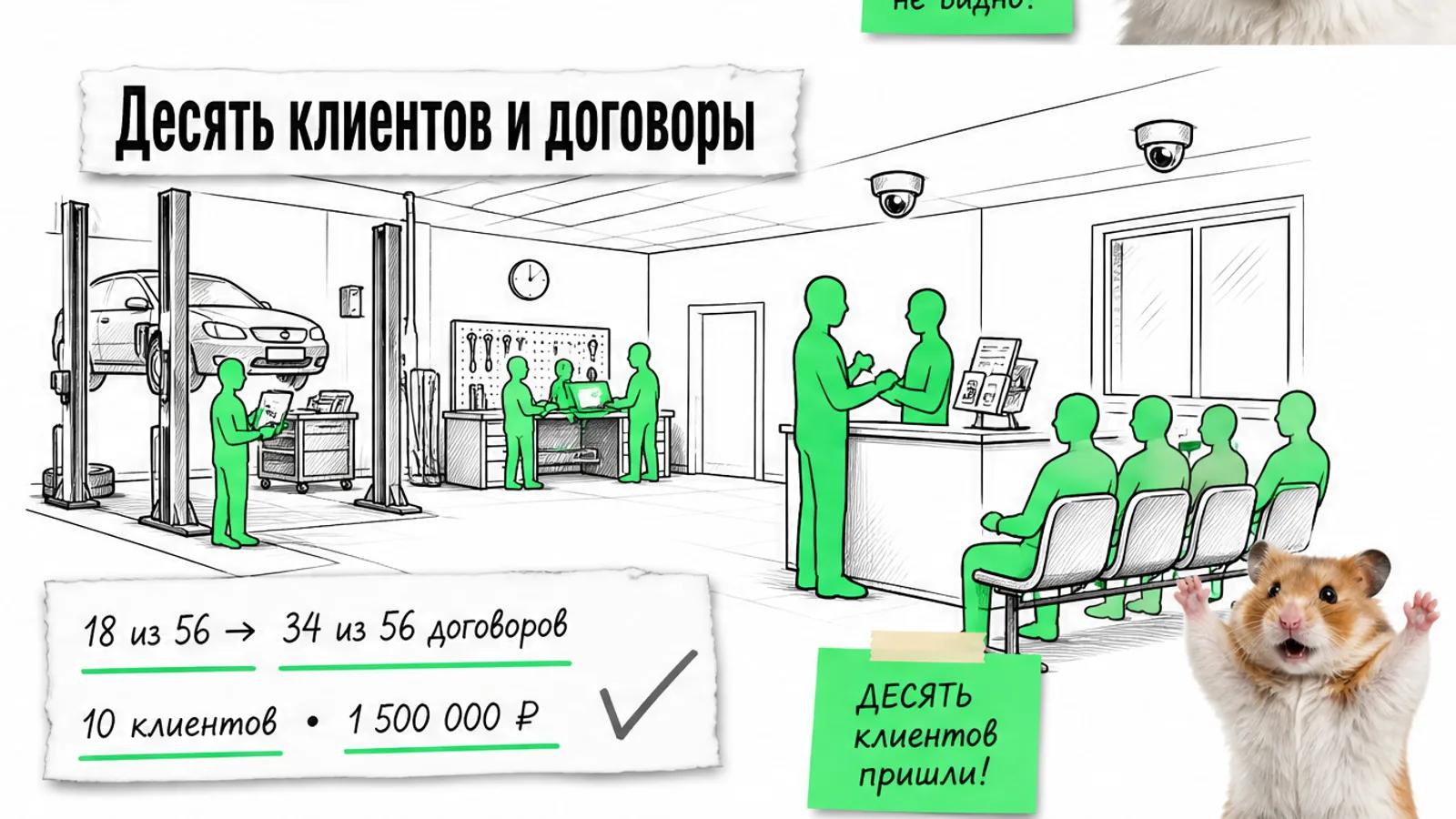 Та же автомастерская заполнена людьми; карточка показывает 34 договора и 10 клиентов, а хомяк торжествует.