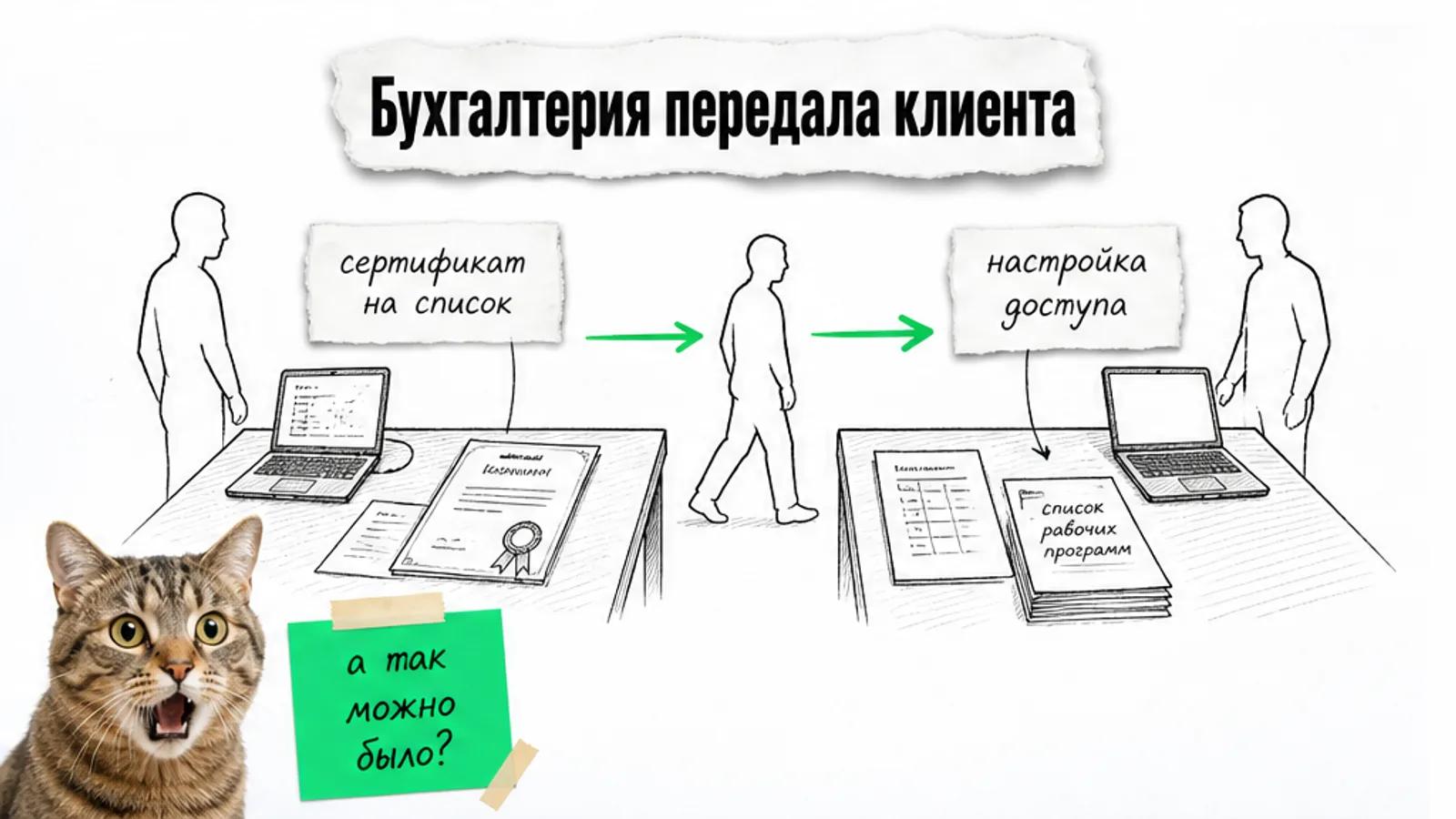 Бухгалтерия передаёт клиента компании по настройке доступа; удивлённый кот смотрит на зелёную стрелку.
