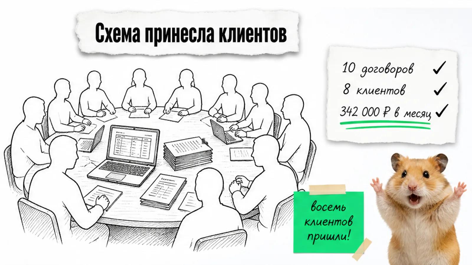 Та же финансовая встреча заполнена людьми; карточка показывает 10 договоров и 8 клиентов.