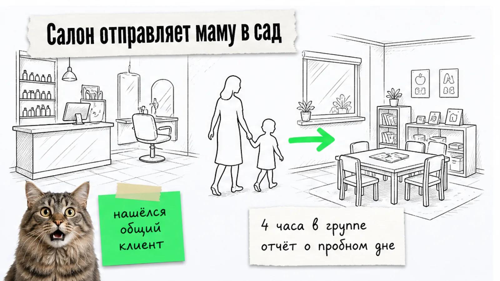 Мама с ребёнком идёт из салона в языковой сад по зелёной стрелке.