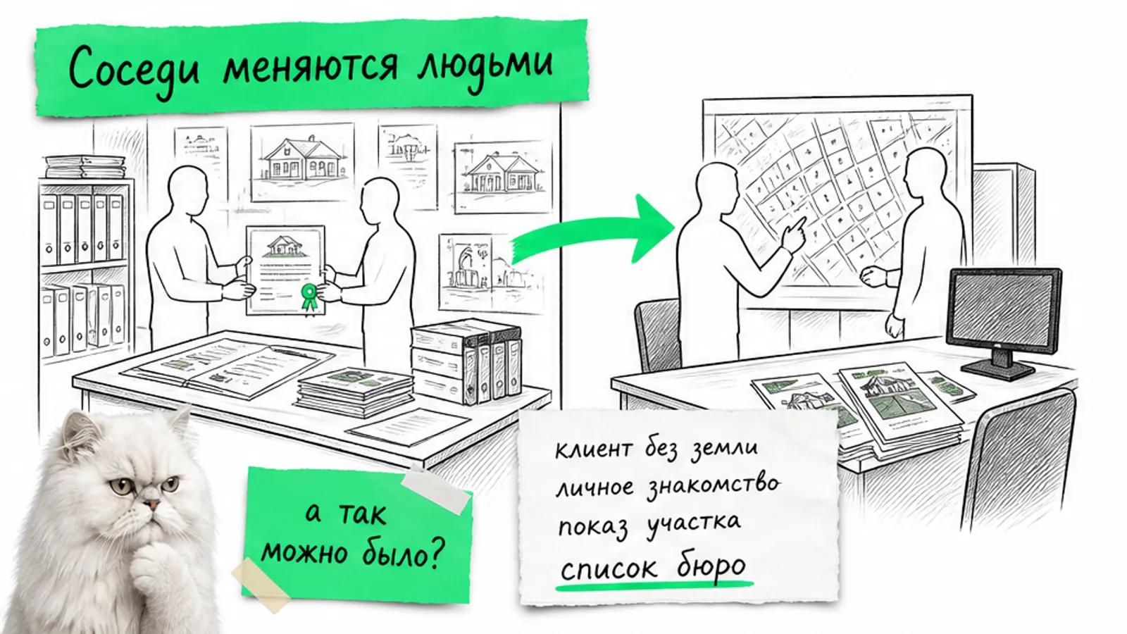 Слева архитектурное бюро передаёт клиенту документ, справа брокер показывает карту участков; между ними стрелка и записка «клиент без земли, личное знакомство, показ участка, список бюро»