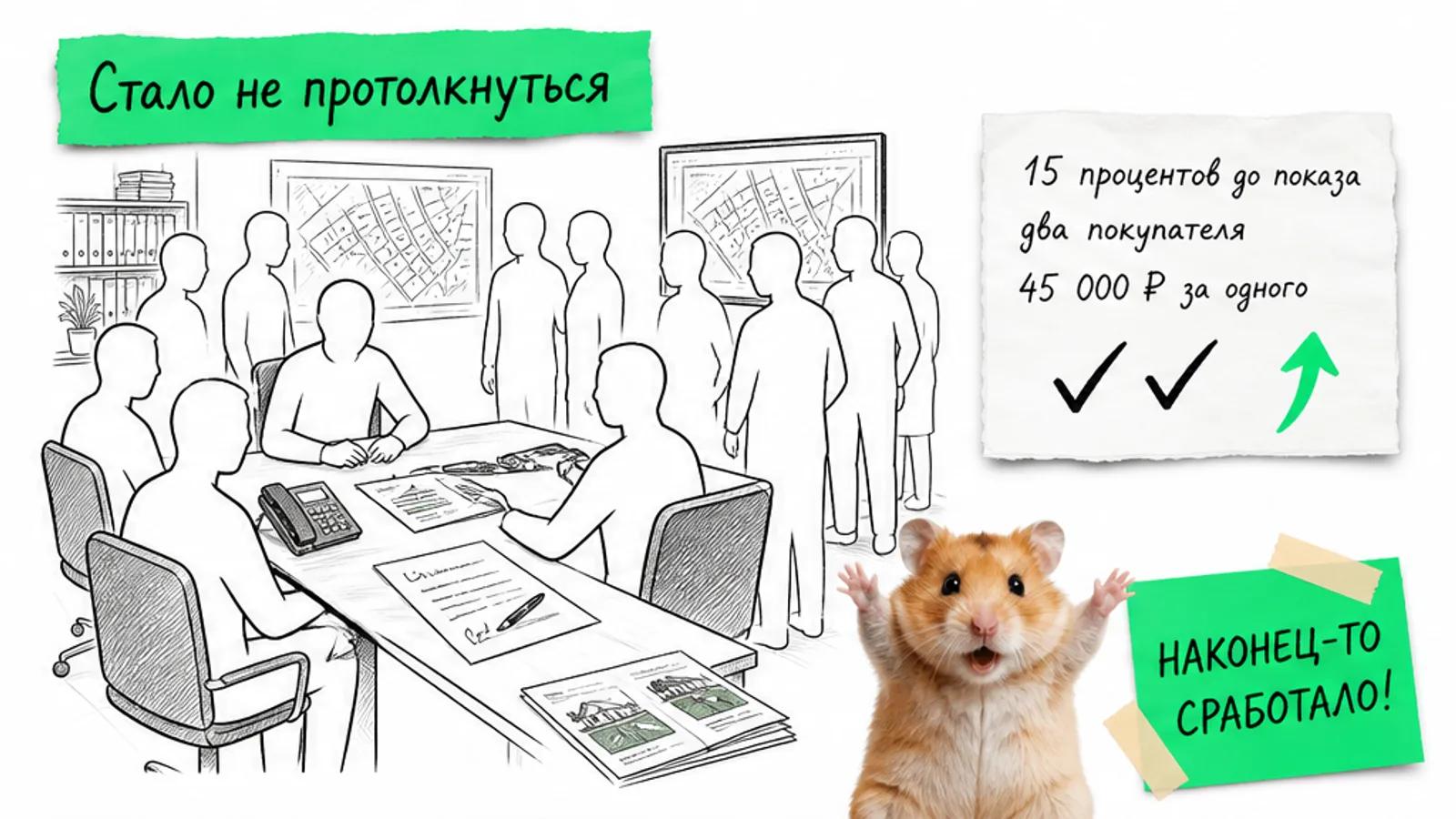 Тот же кабинет брокера, теперь полный людей у карты участков, рядом записка «15 процентов до показа, два покупателя, 45 000 ₽ за одного»